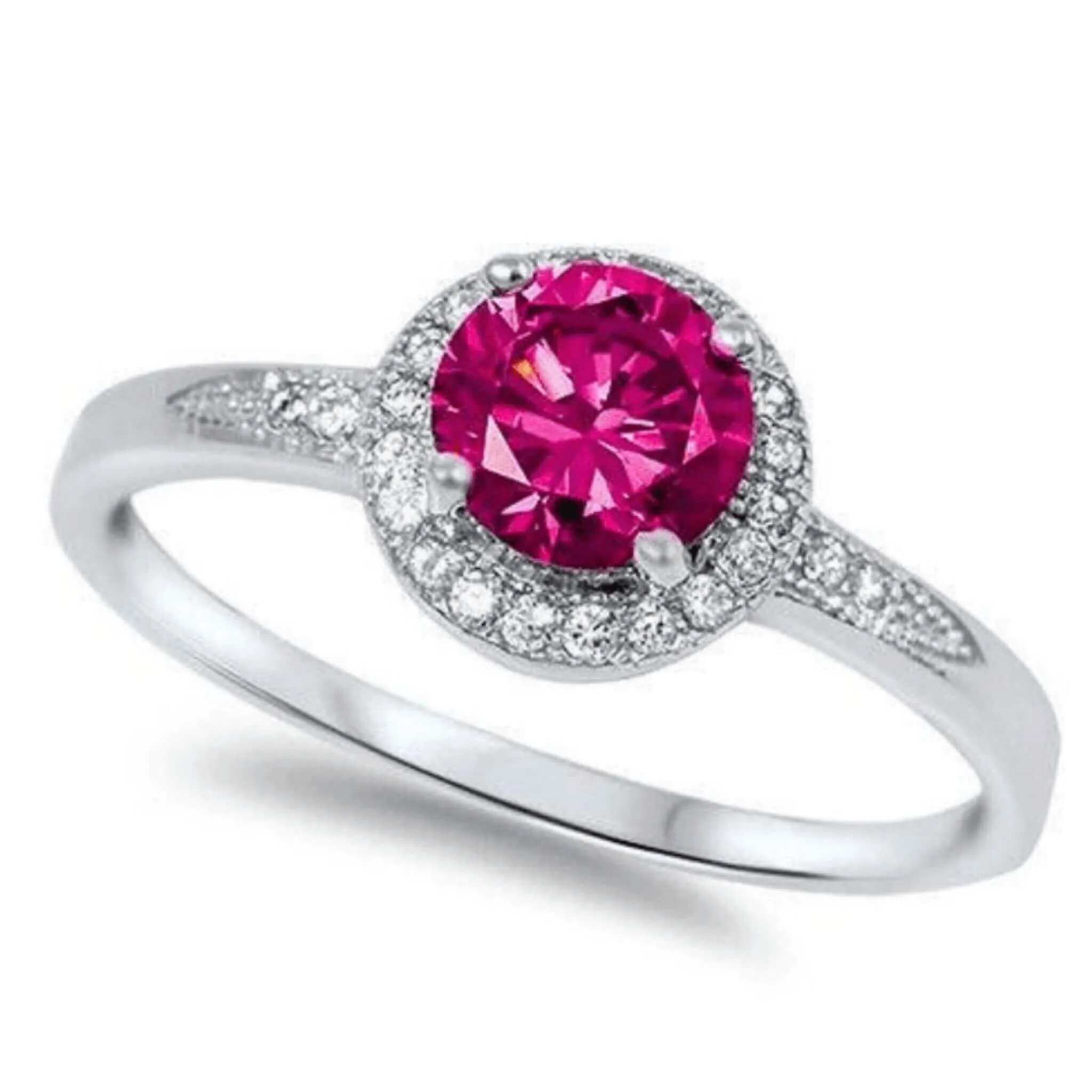 Halo Solitaire Cubic Zirconia Ruby Ring Sterling Silver