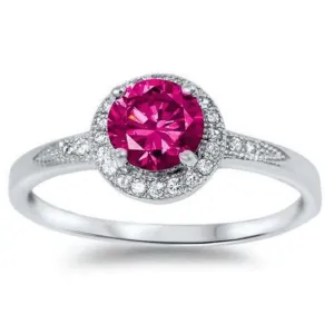 Halo Solitaire Cubic Zirconia Ruby Ring Sterling Silver