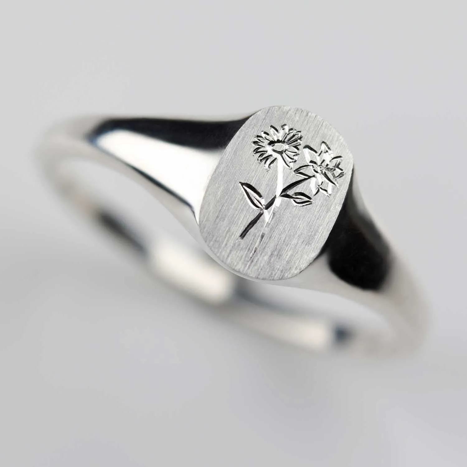 Hand Engraved Birth Flower Signet Ring