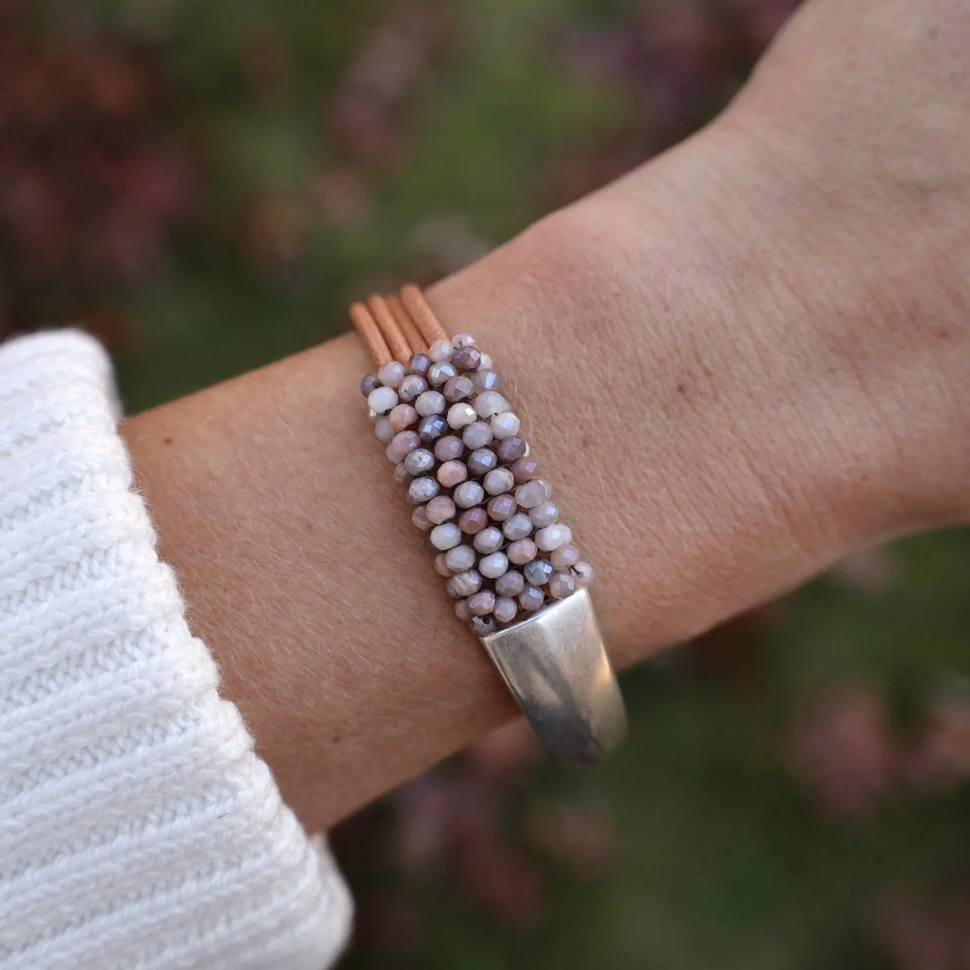 Hand Stitched Coated Moonstone Half Cuff Bracelet