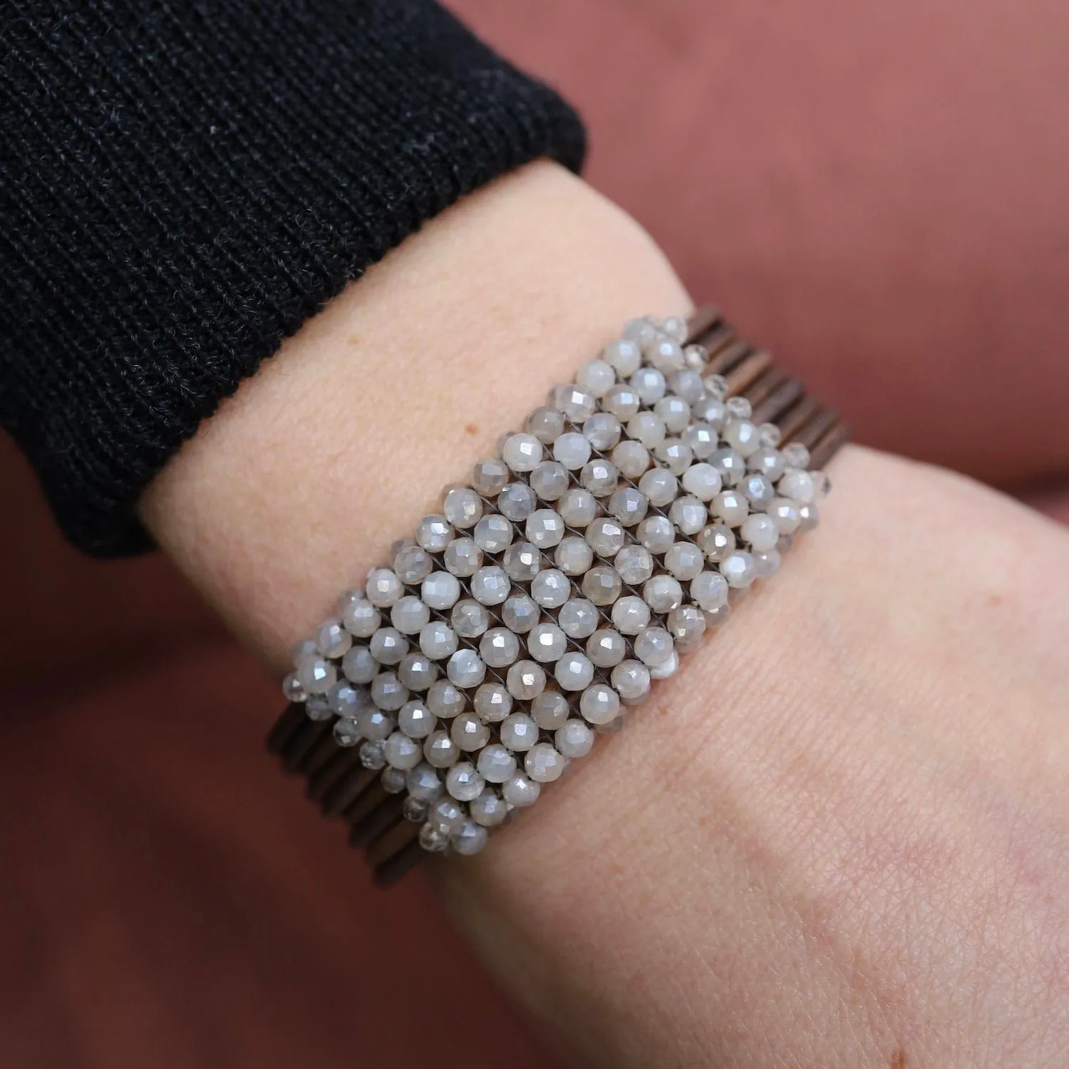 Hand Stitched Taupe Coated Moonstone with Imperial Topaz Trim on Leather Bracelet