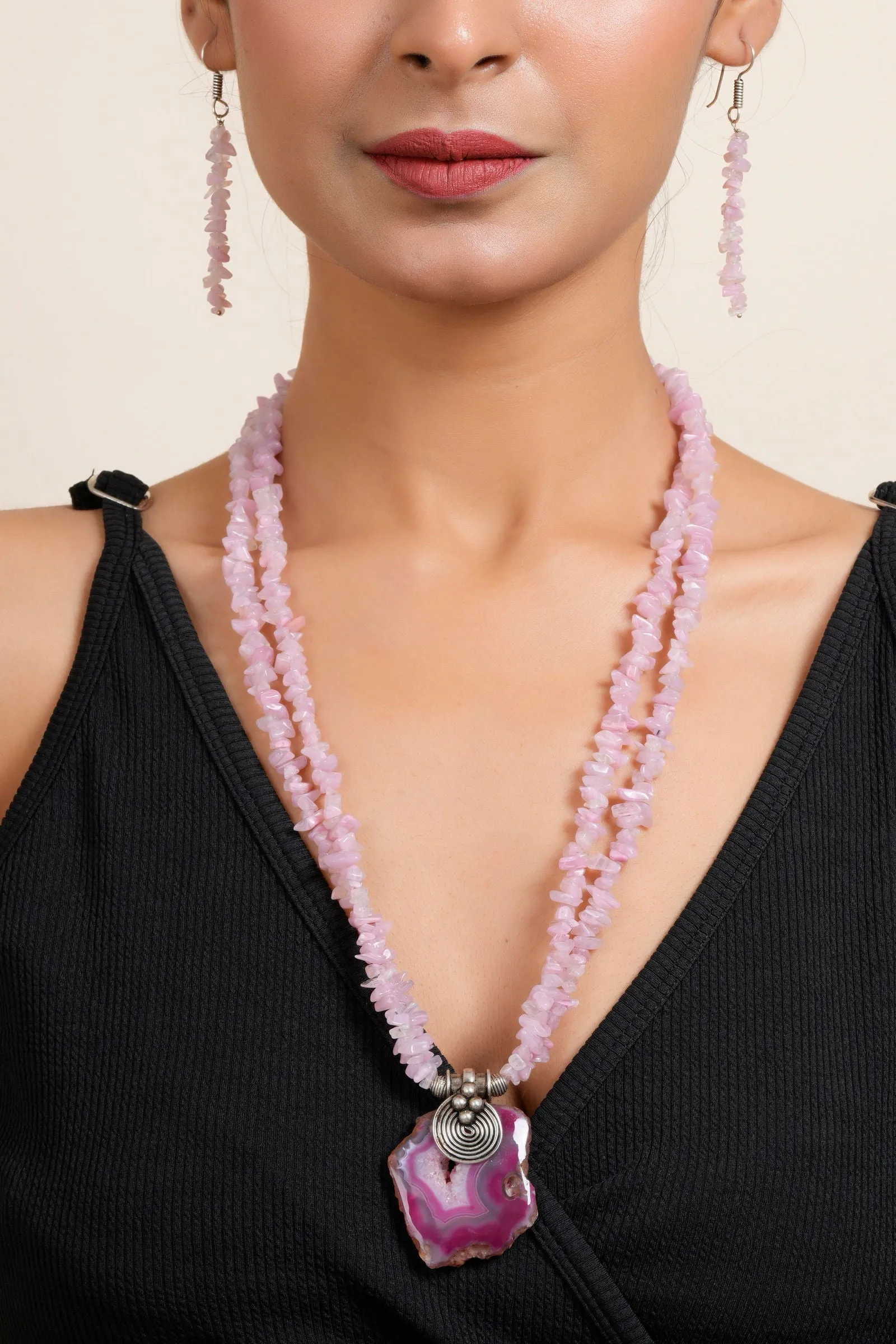 Handmade Pink Agate with Double Line Uncut Stone Chips Necklace & Matching Earrings Set