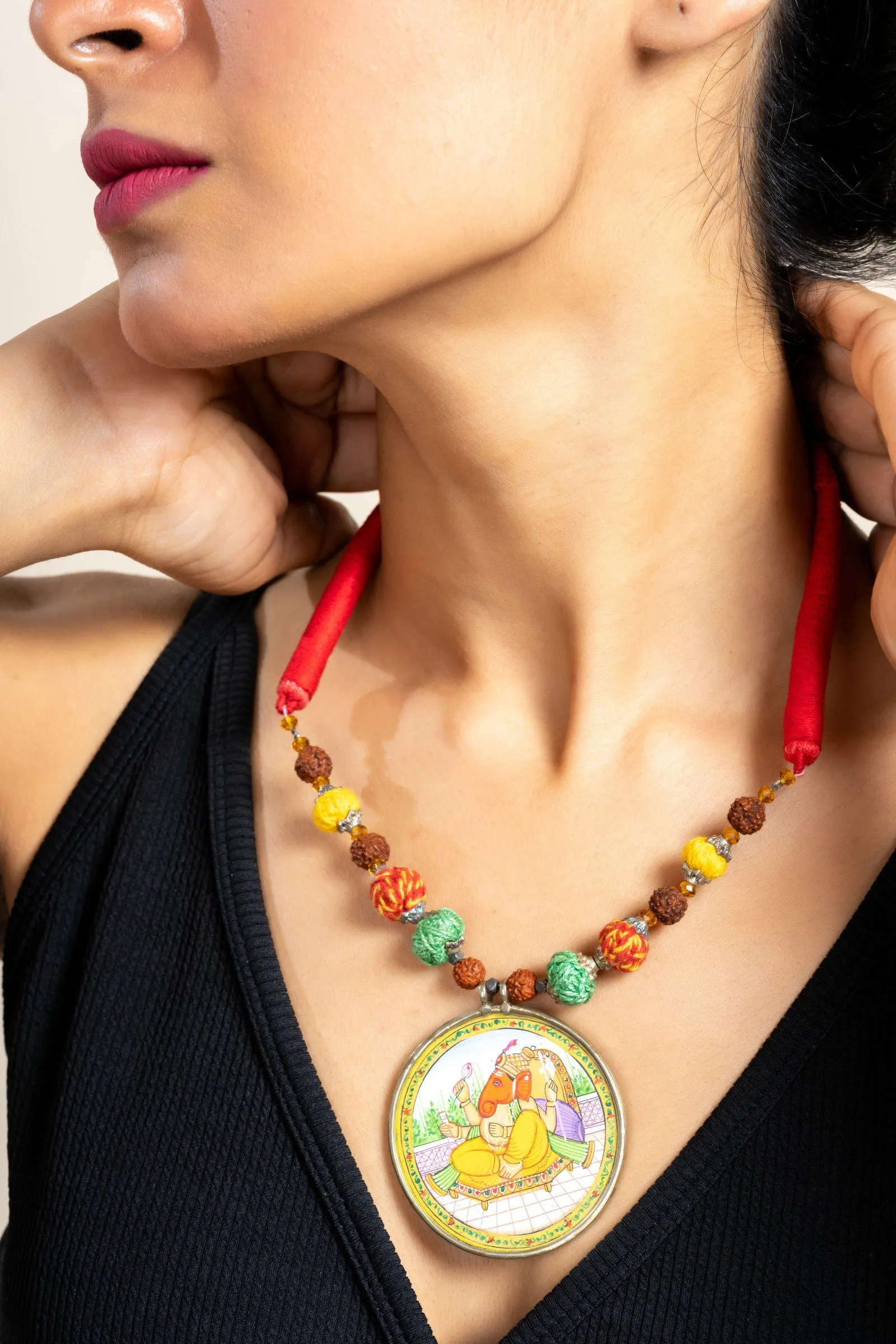 Handmade Yellow Miniature Handpainted Ganesha Pendant with Red Green Yellow Cotton Beads Necklace