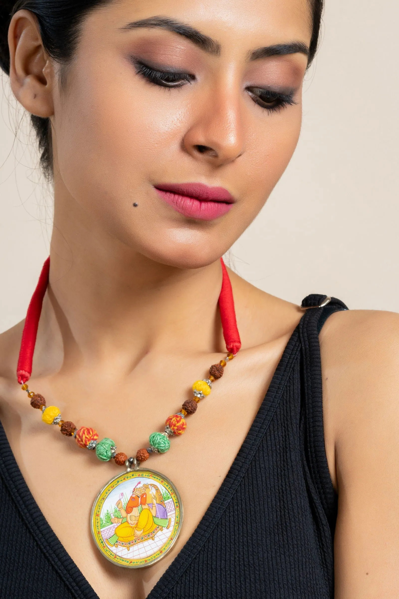 Handmade Yellow Miniature Handpainted Ganesha Pendant with Red Green Yellow Cotton Beads Necklace