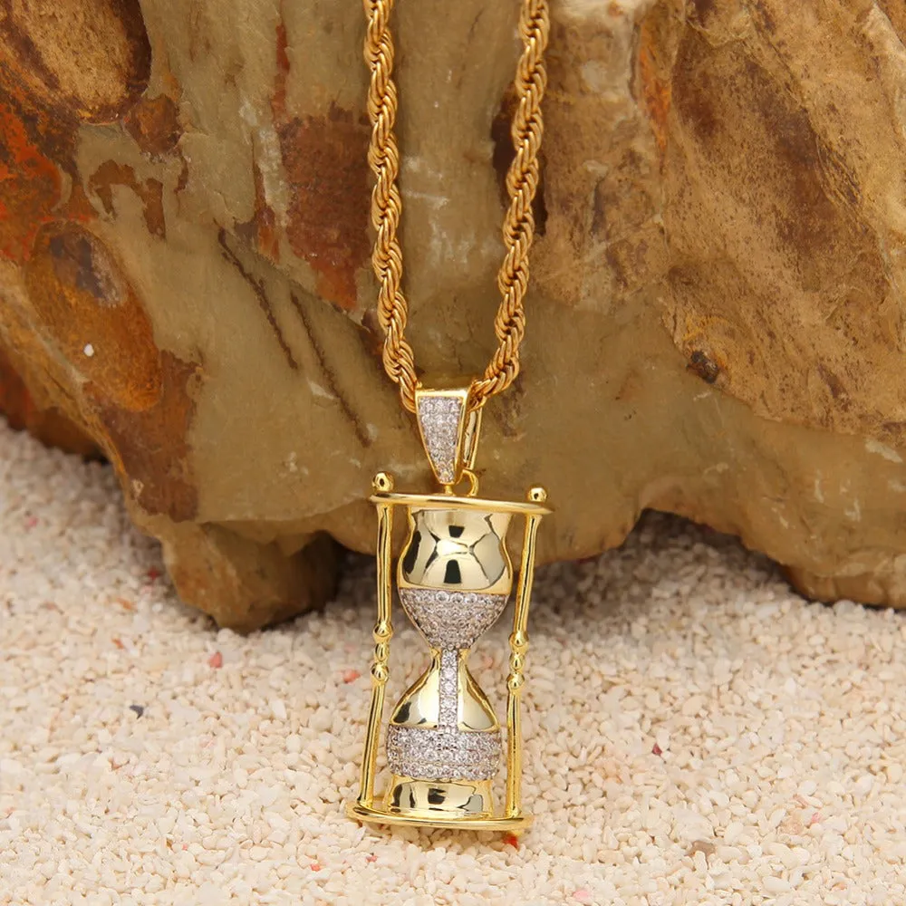 Hip Hop Full AAA CZ Zircon Paved Bling Iced Out Timer Hourglass Pendants Necklace Men Rapper Jewelry Gold Silver Drop Shipping