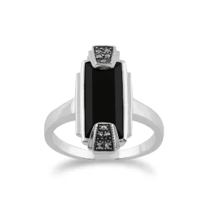 Kunst Deko Ring, 925 Sterlingsilber Kunst Deko schwarzer Onyx & Markasit Ring