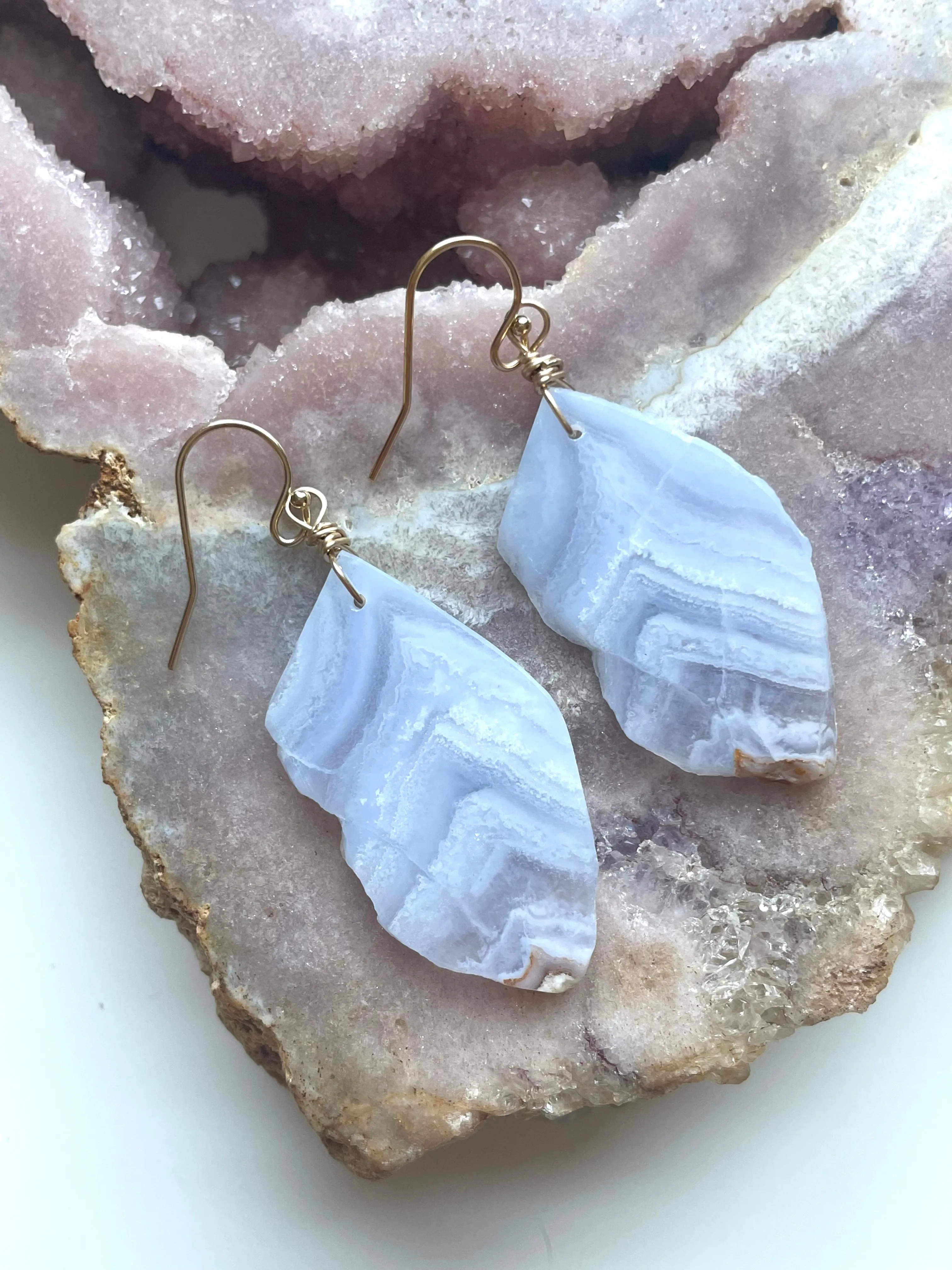 Large Blue Lace Agate Gold Filled Statement Crystal Gemstone Earrings