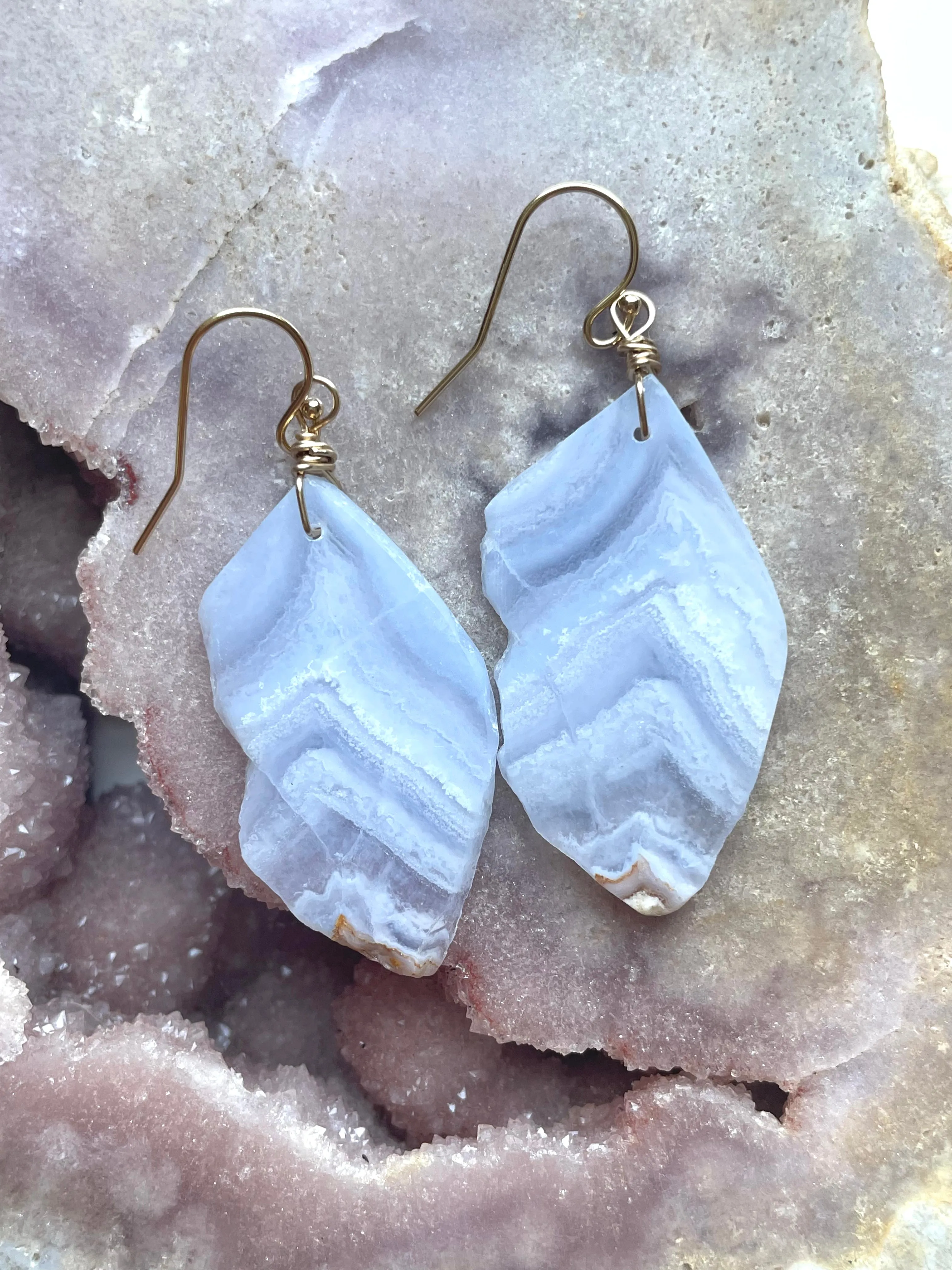 Large Blue Lace Agate Gold Filled Statement Crystal Gemstone Earrings