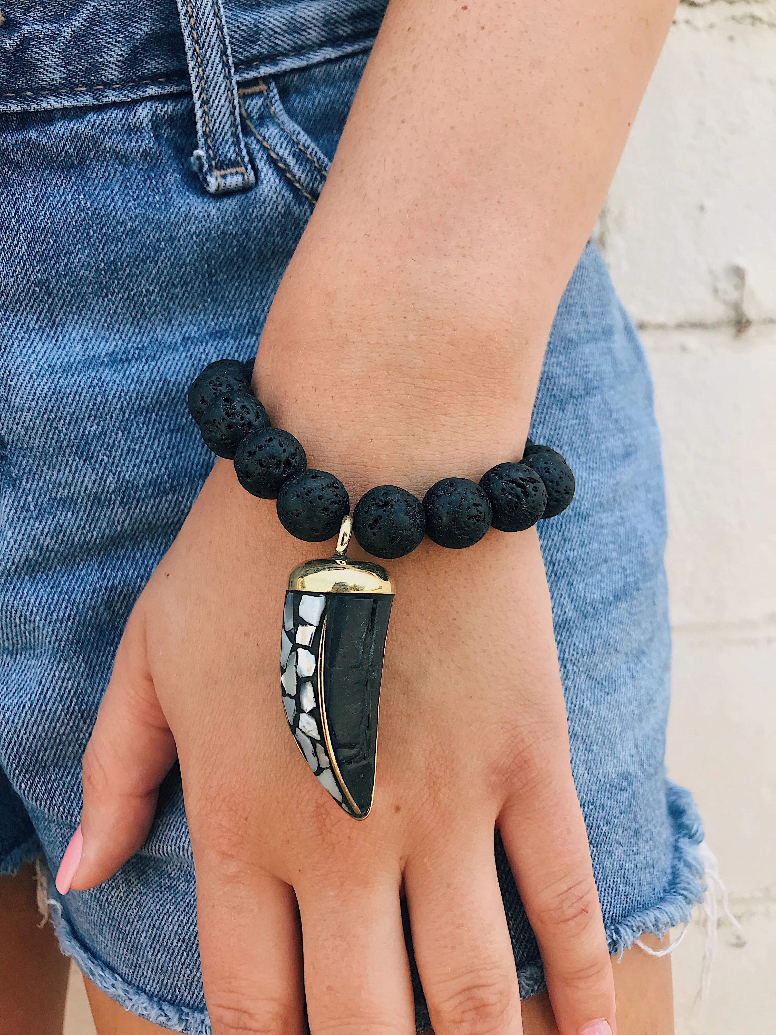 Lava Rock Bracelet // Gemstone Horn Charm