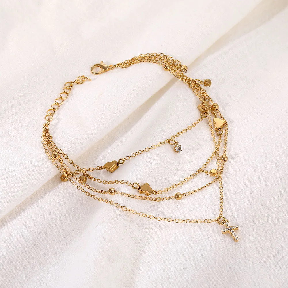 Love Cross Rhinestone Multilayer Anklet