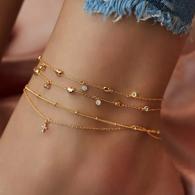 Love Cross Rhinestone Multilayer Anklet