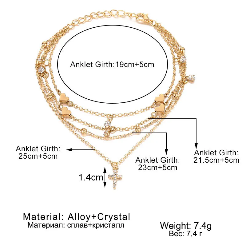 Love Cross Rhinestone Multilayer Anklet