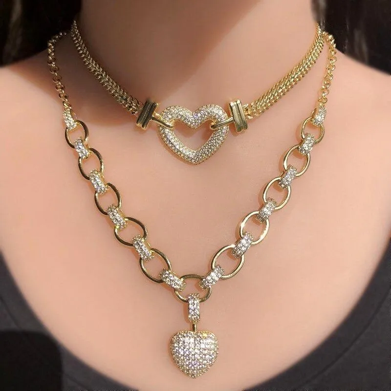 Luxurious Zircon Encrusted Heart Charm Jewelry Set