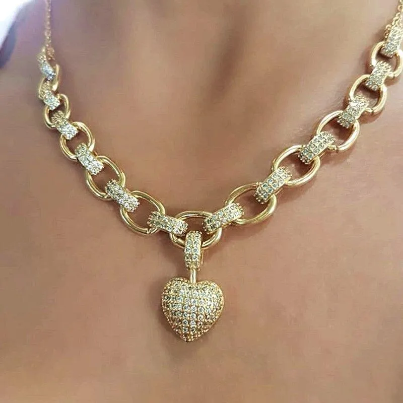 Luxurious Zircon Encrusted Heart Charm Jewelry Set