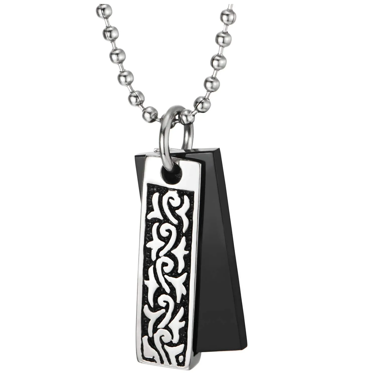 Mens Women Steel Two-Pieces Tribal Tattoo Pattern Rectangle Dog Tag Pendant Necklace, Silver Black