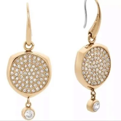 Michael Kors Gold Disk Drop Earrings Pave Clear Crystal