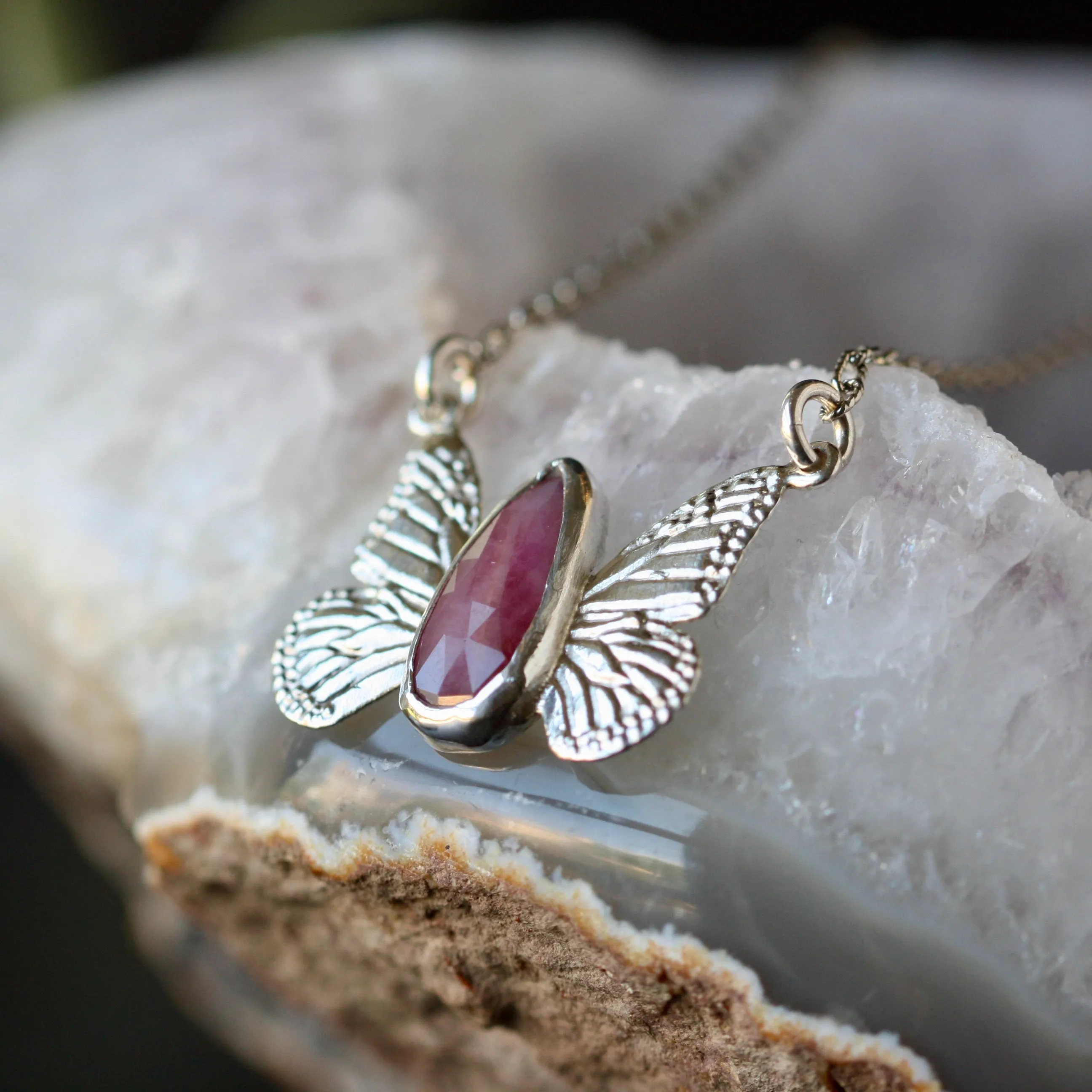 Monarch Butterfly Ruby and Sterling Silver Necklace