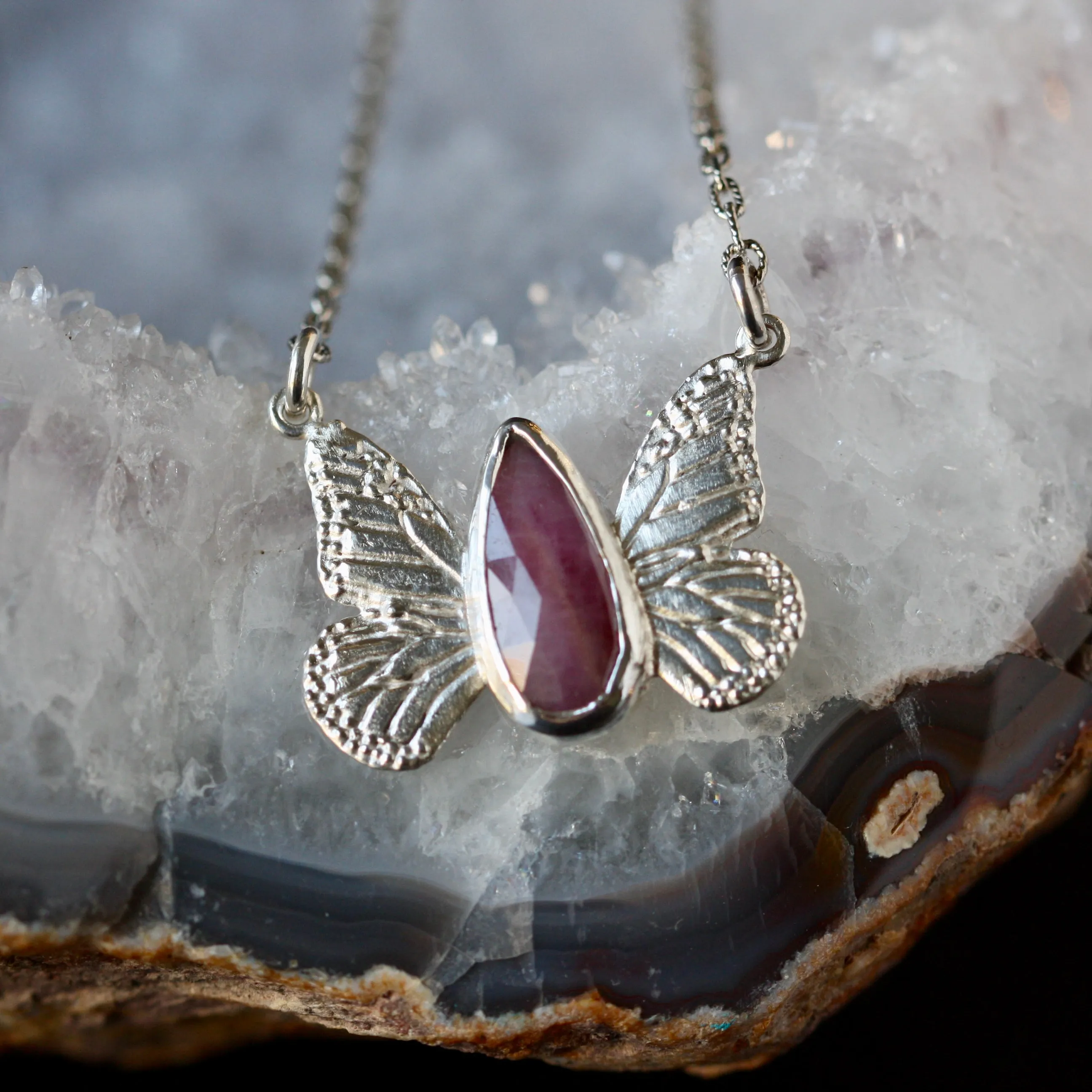 Monarch Butterfly Ruby and Sterling Silver Necklace