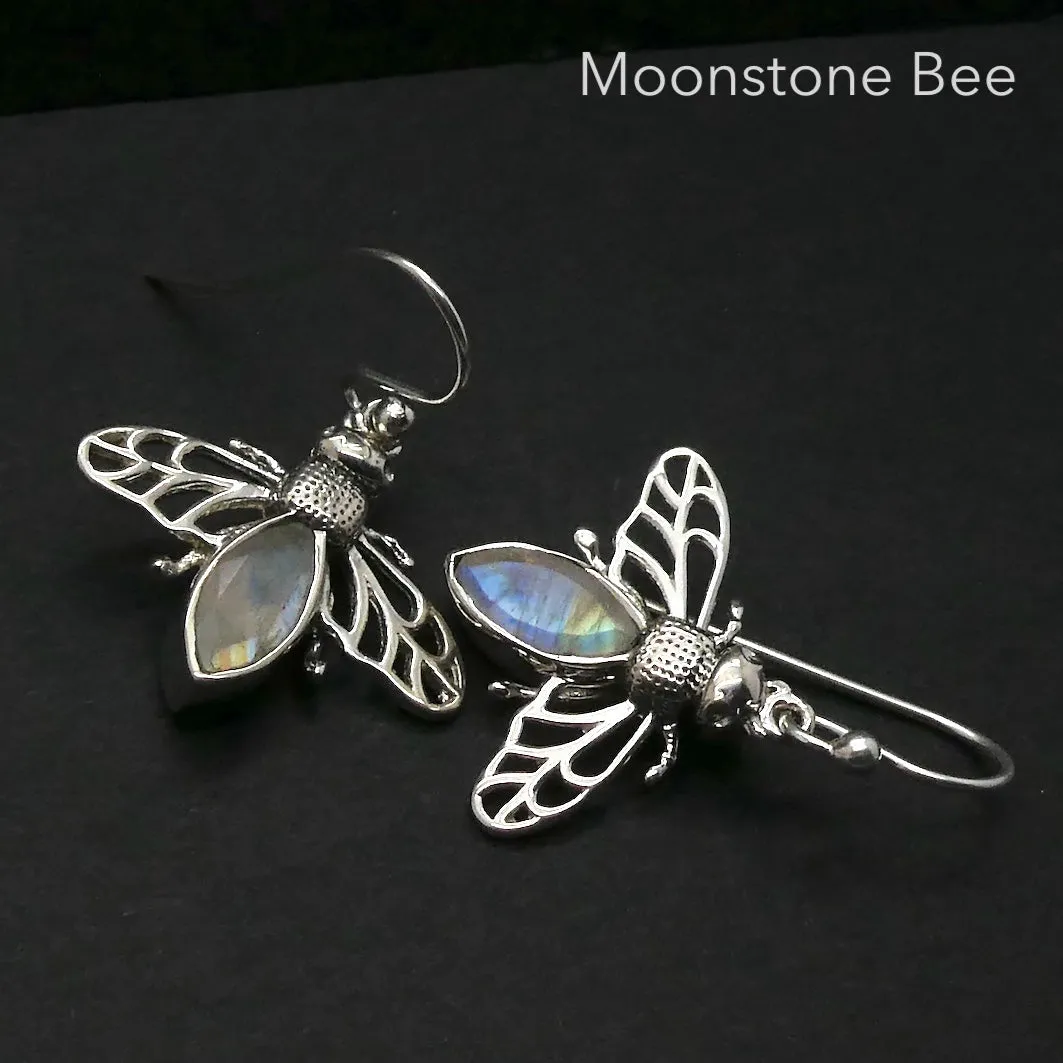 Moonstone Earing, Bee Motif, 925 Sterling Silver