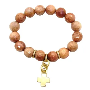 Moonstone Stretch Bracelet With Matte Gold Cross Charm