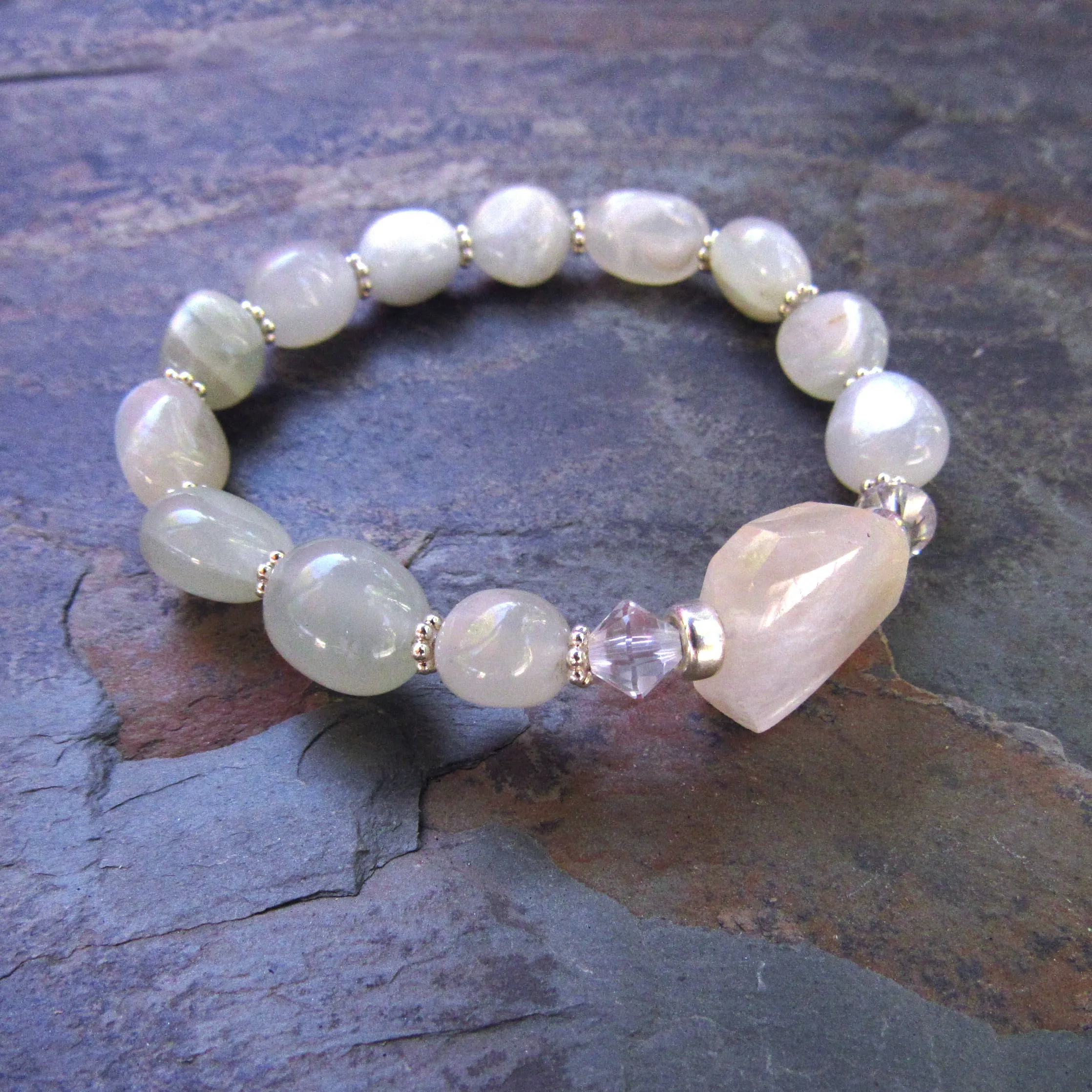 Moonstones, Clear Quartz and Sterling Silver Stretch Bracelet