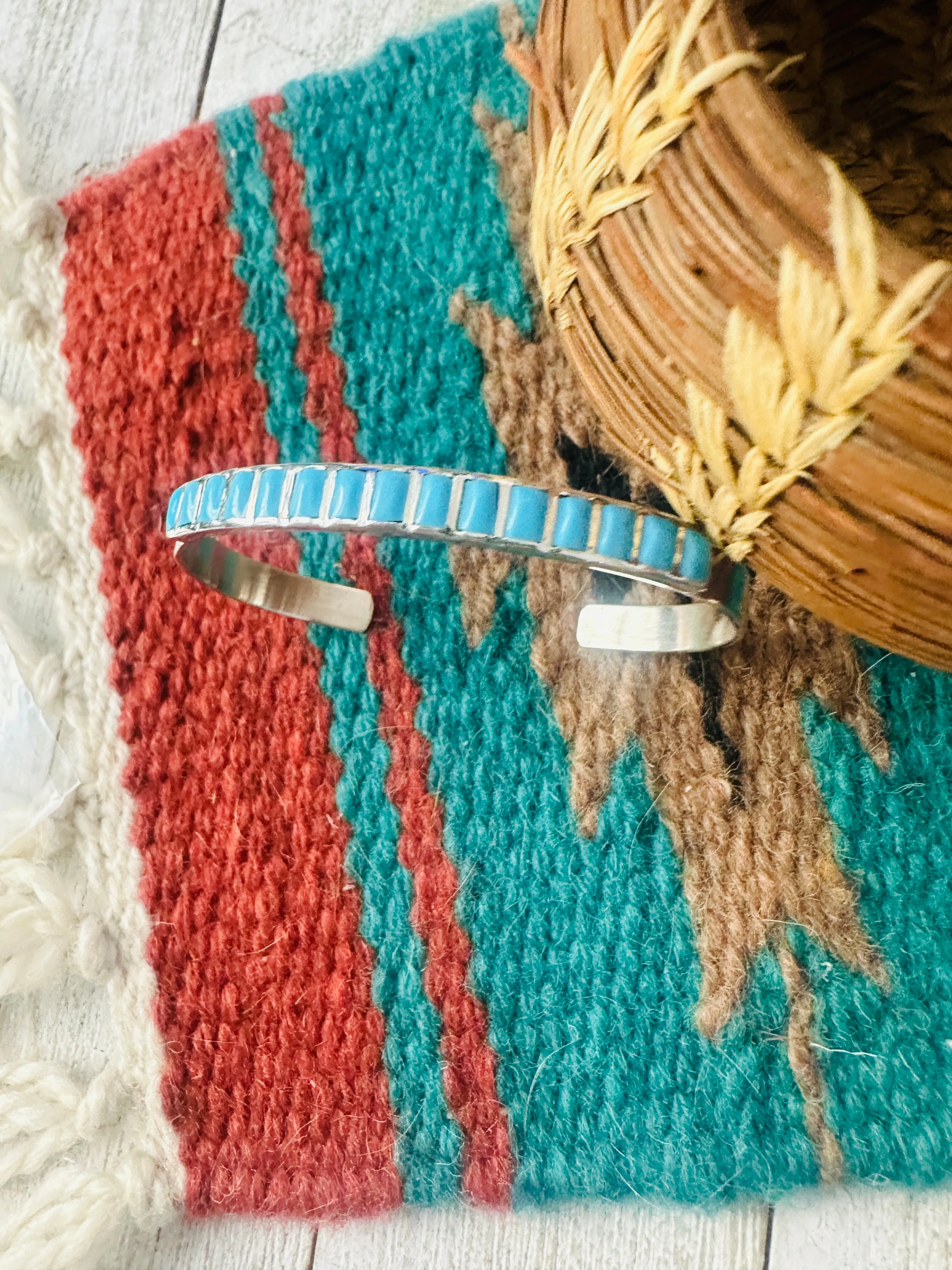 Navajo Turquoise & Sterling Silver Inlay Cuff Bracelet