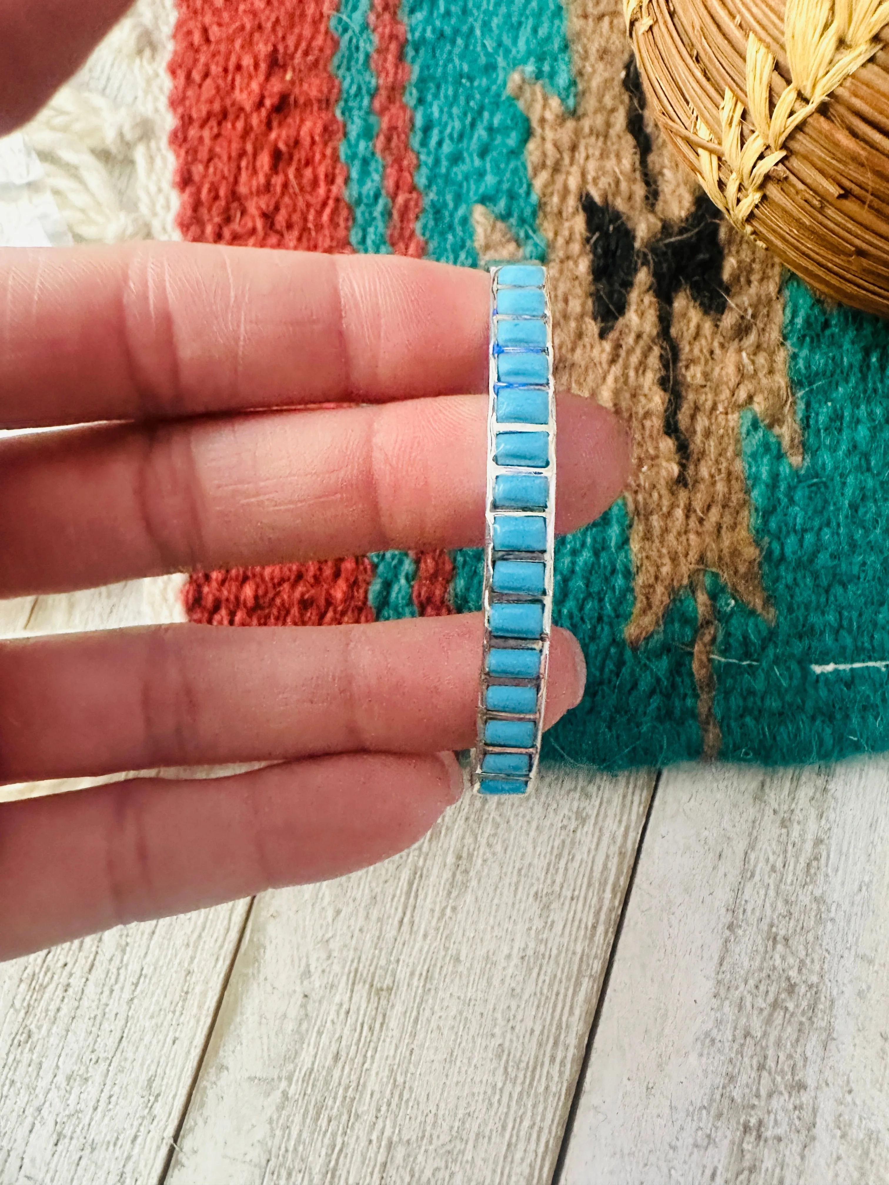 Navajo Turquoise & Sterling Silver Inlay Cuff Bracelet