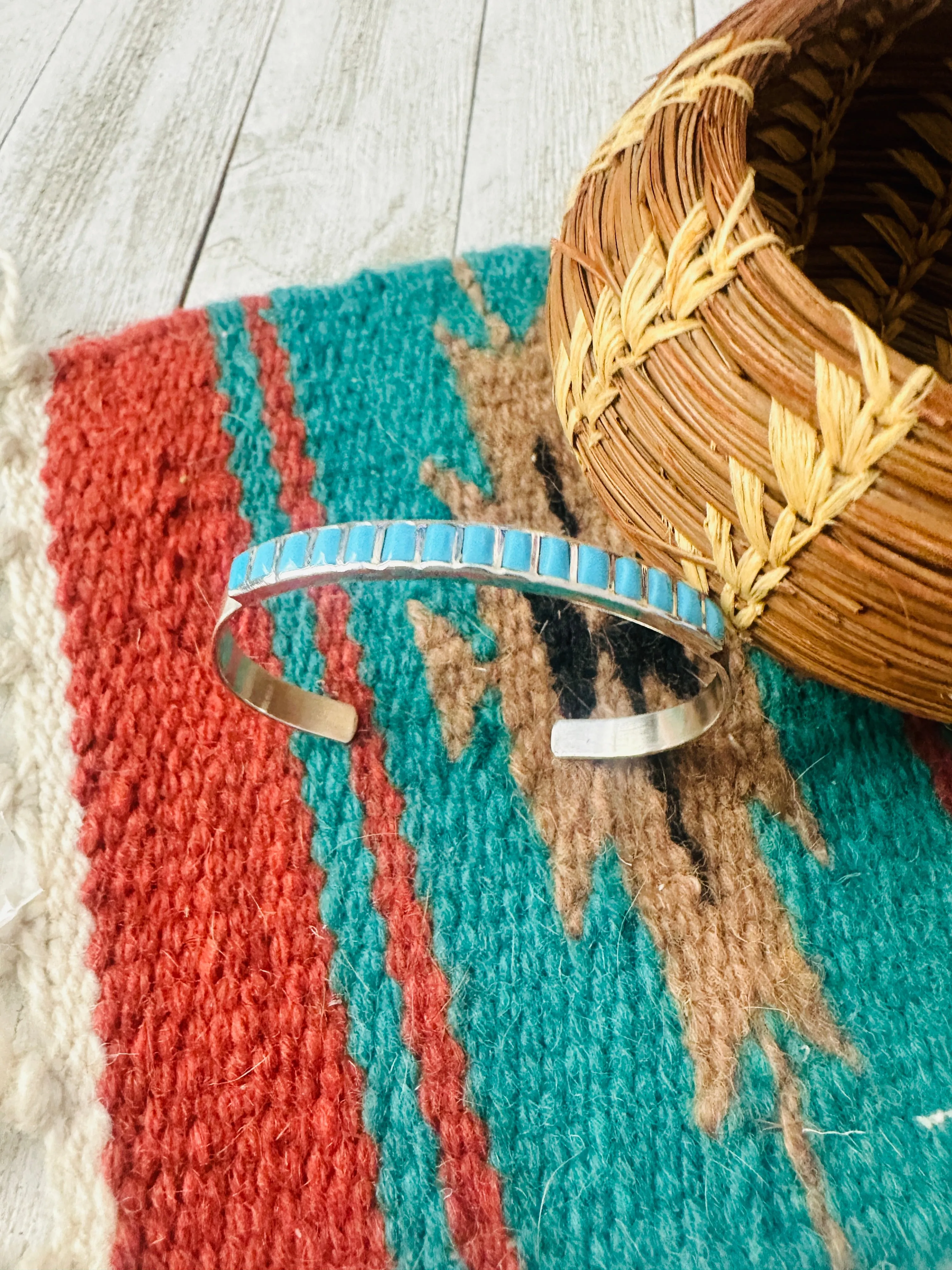 Navajo Turquoise & Sterling Silver Inlay Cuff Bracelet