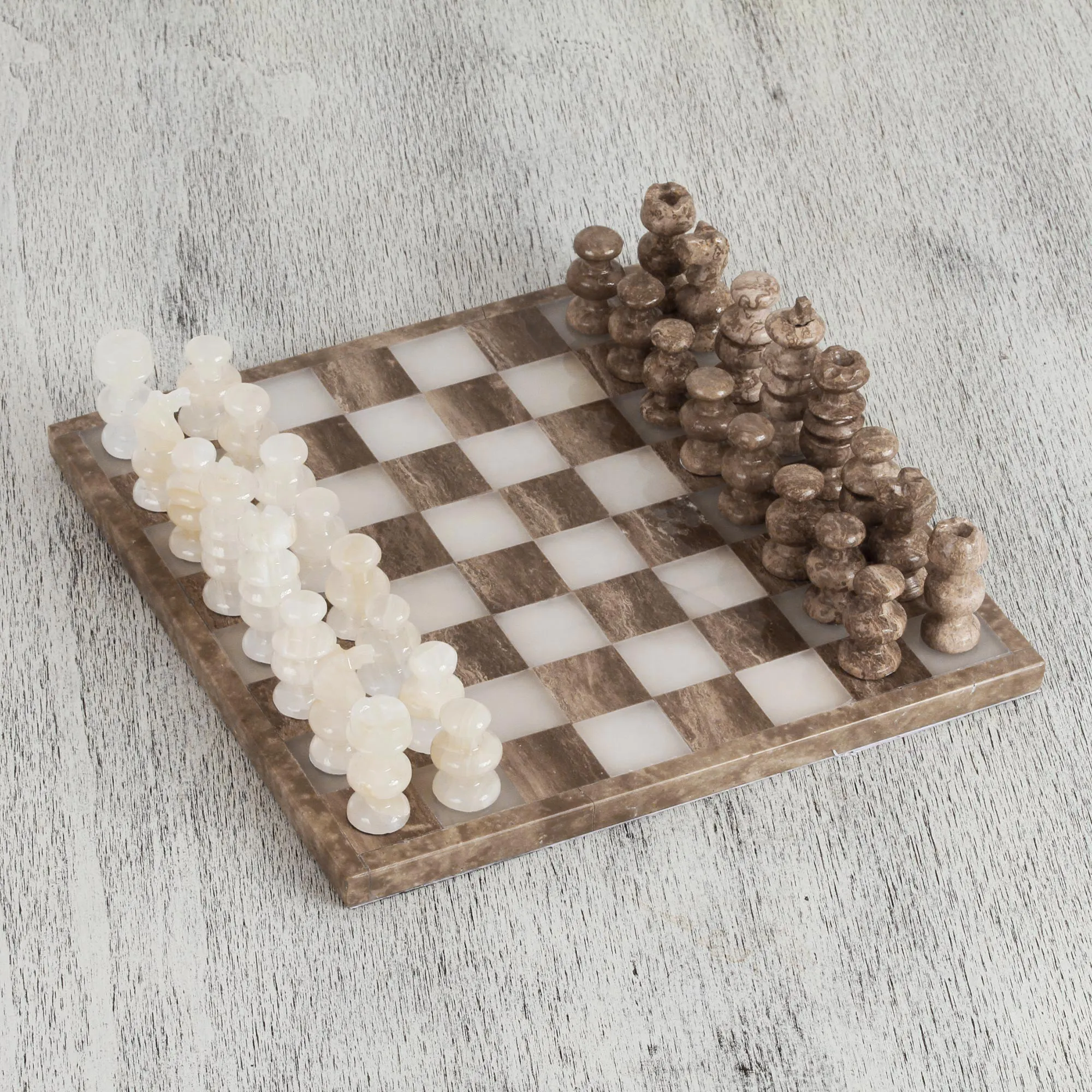 Onyx and Marble Chess Set Crafted in Mexico - Brown and Ivory | NOVICA