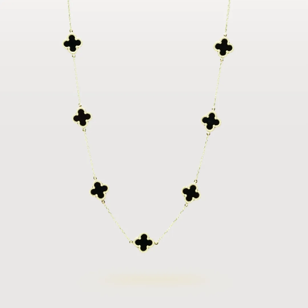 Onyx Four Leaf Clover Necklace - 14k Yellow Gold