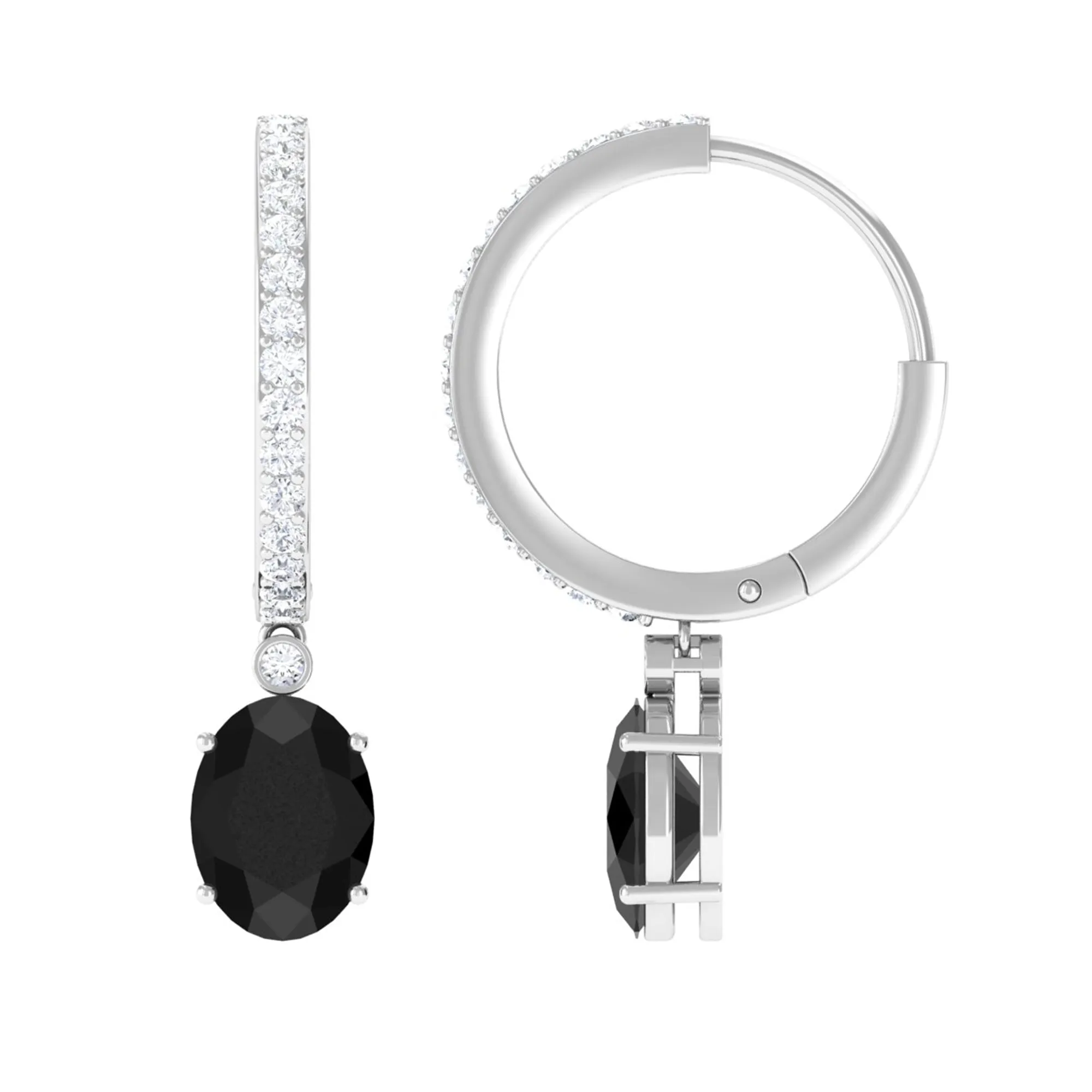 Oval Black Onyx and Diamond Hoop Drop Earrings