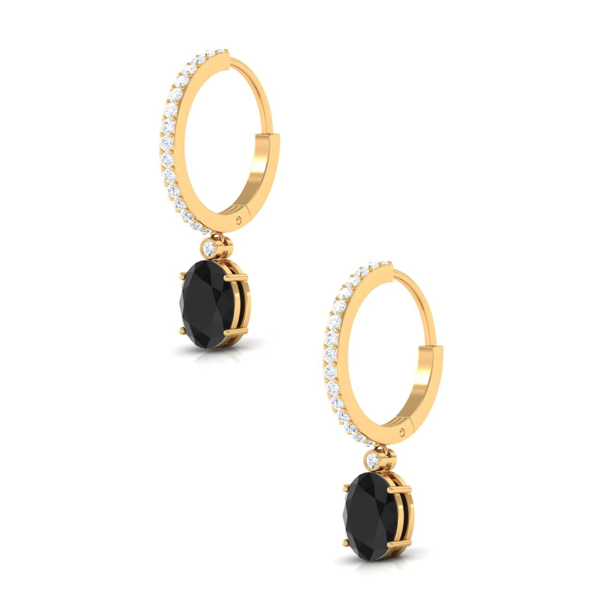 Oval Black Onyx and Diamond Hoop Drop Earrings