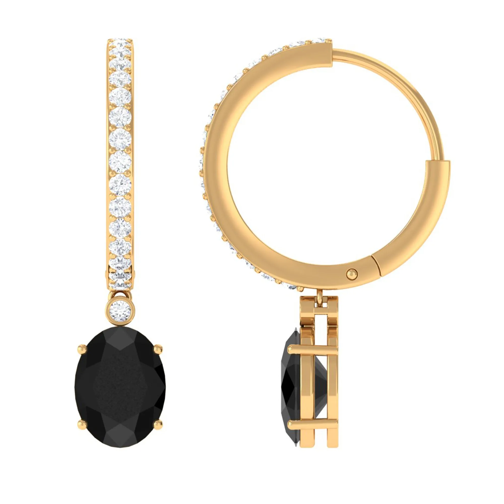 Oval Black Onyx and Diamond Hoop Drop Earrings