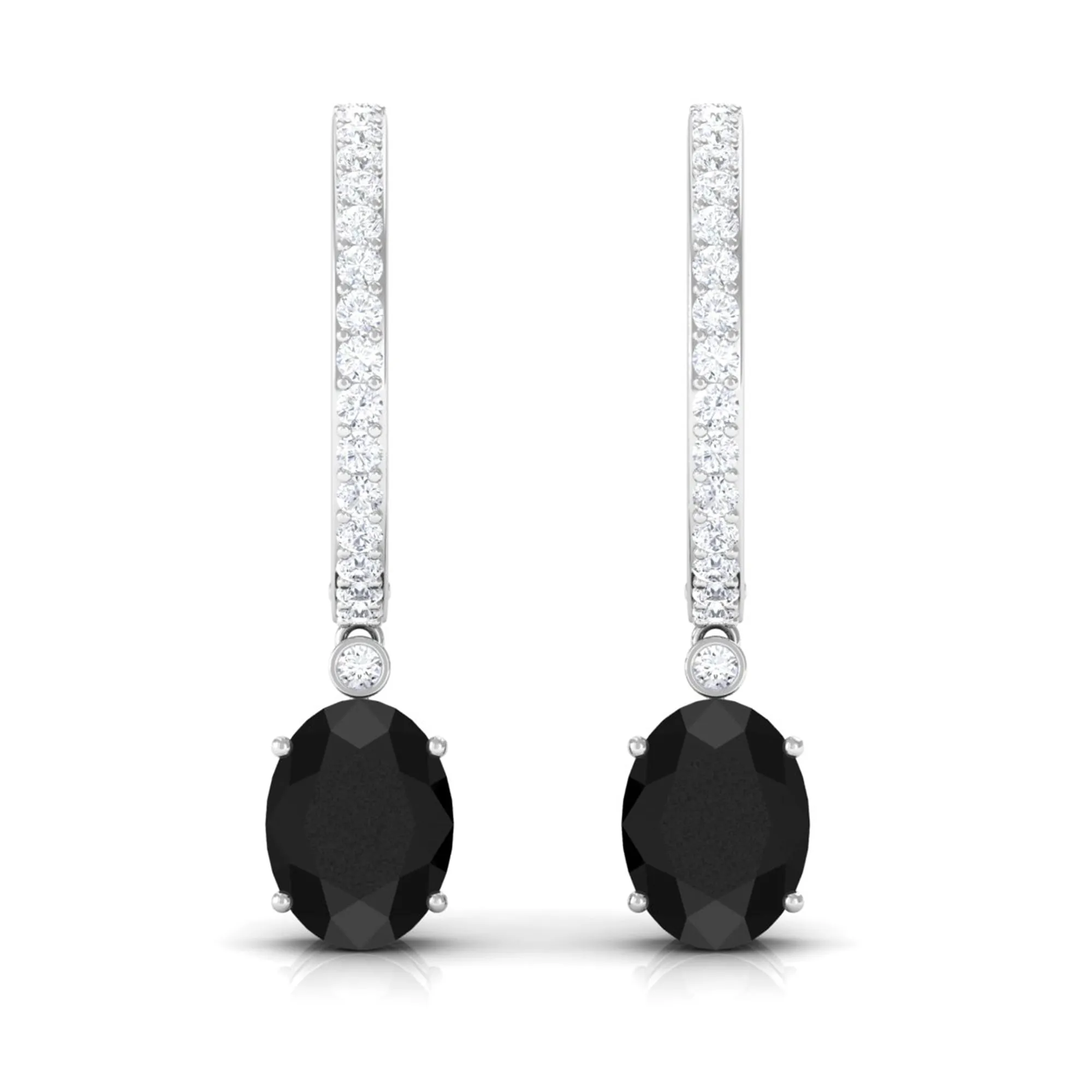 Oval Black Onyx and Diamond Hoop Drop Earrings