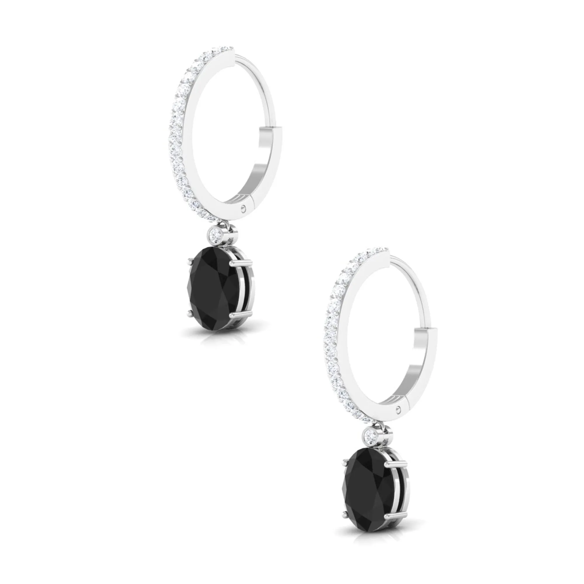 Oval Black Onyx and Diamond Hoop Drop Earrings