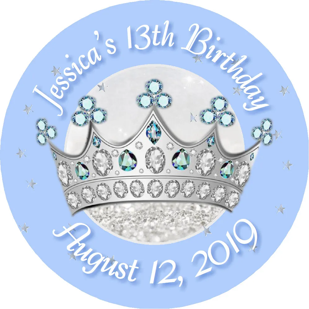 Party Favors Light Blue & Silver Princess Crown Tiara Personalized Birthday Round  Stickers  Supplies Labels