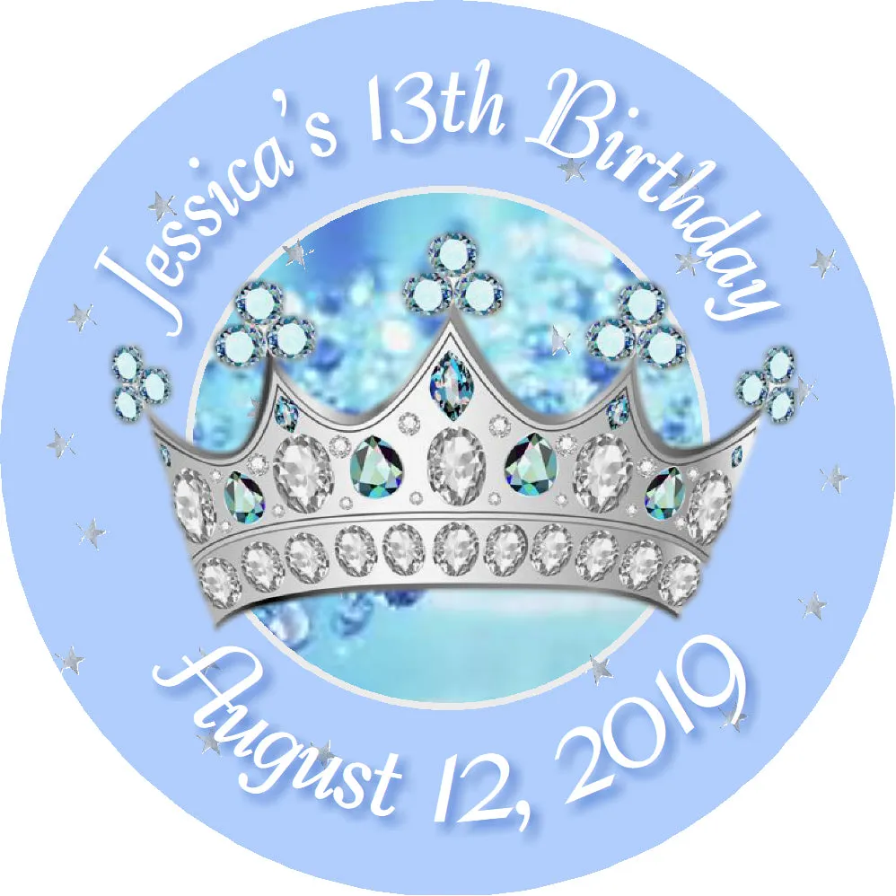 Party Favors Light Blue & Silver Princess Crown Tiara Personalized Birthday Round  Stickers  Supplies Labels