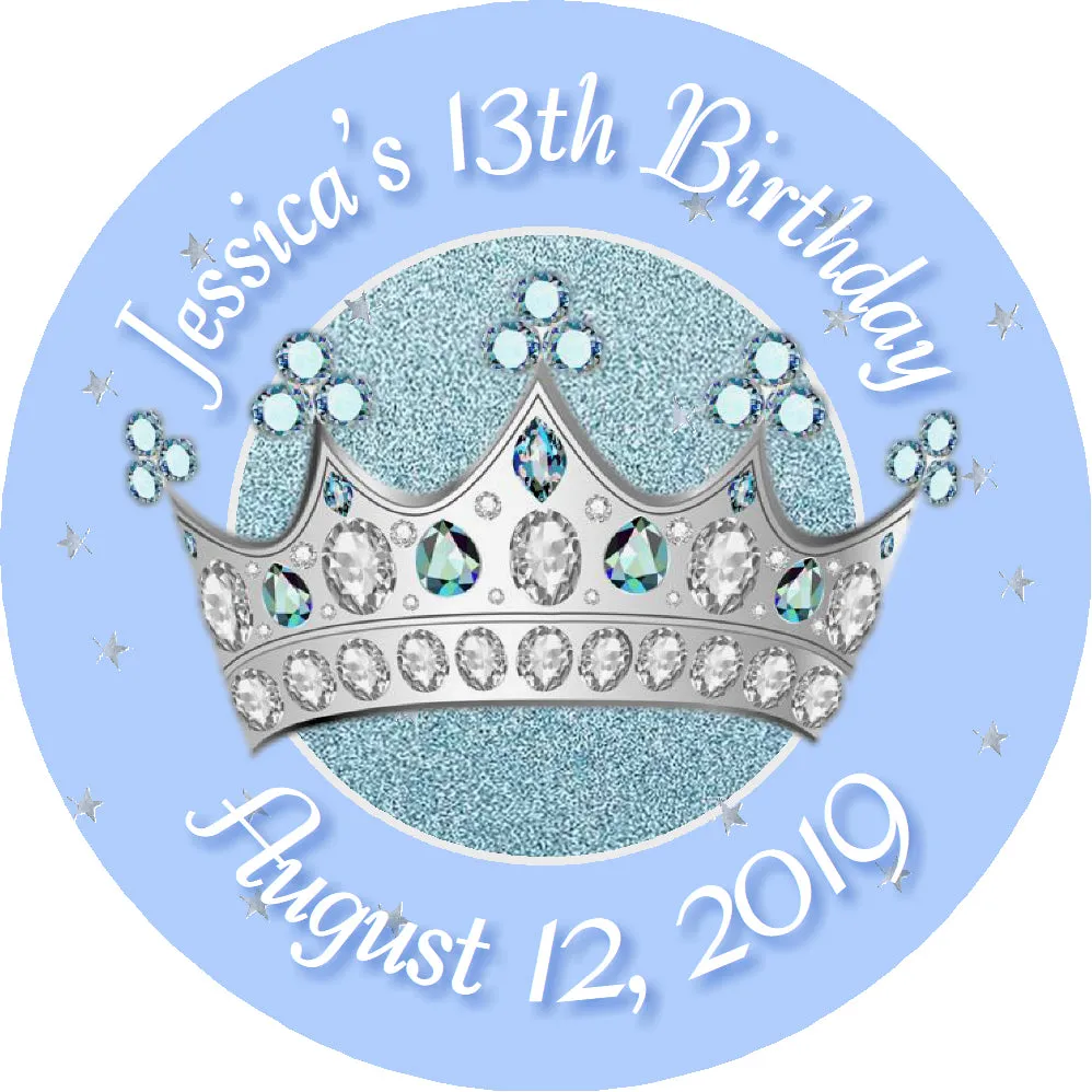 Party Favors Light Blue & Silver Princess Crown Tiara Personalized Birthday Round  Stickers  Supplies Labels