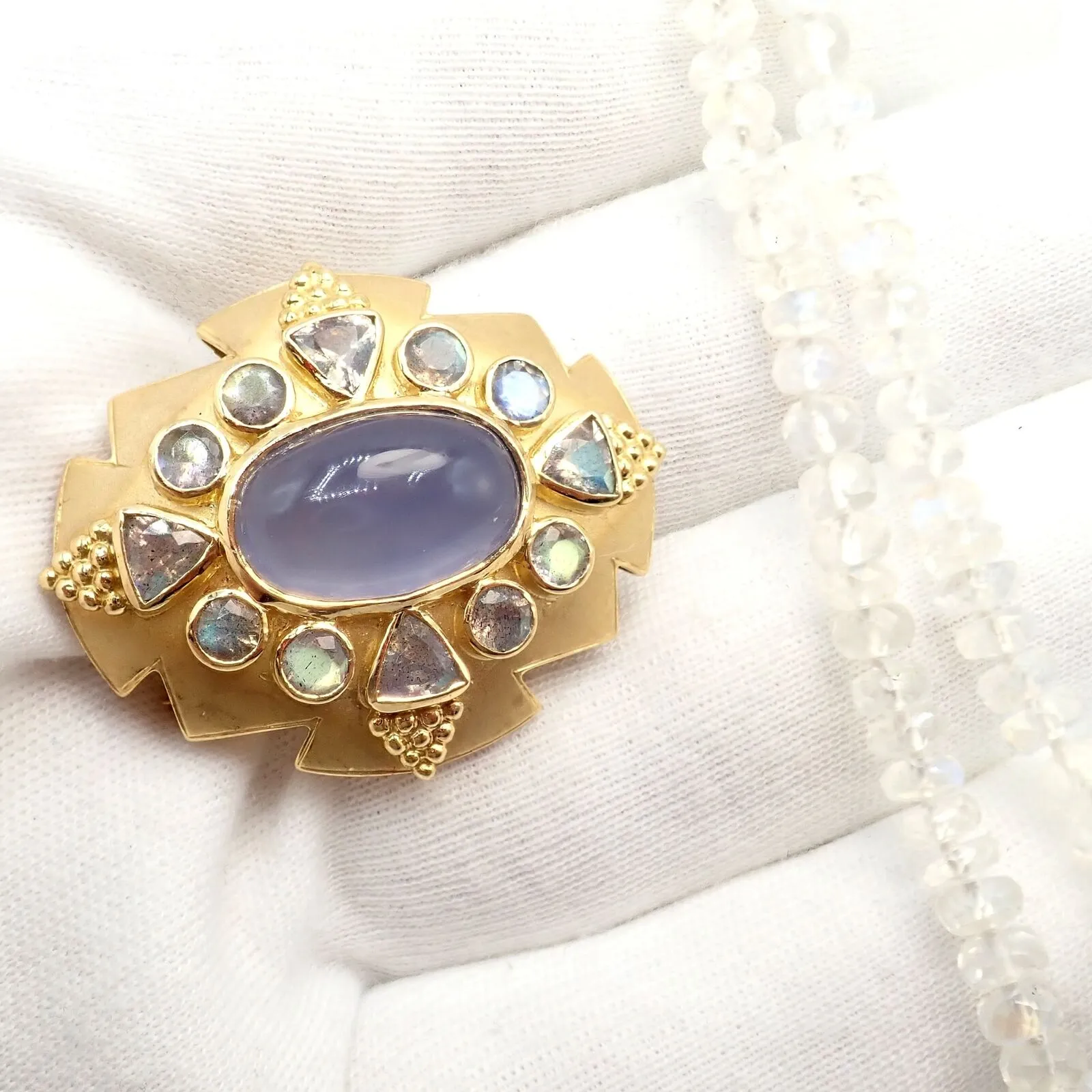 Paula Crevoshay 18k Gold Set Moonstone Chalcedony Brooch Bracelet Necklace OOAK