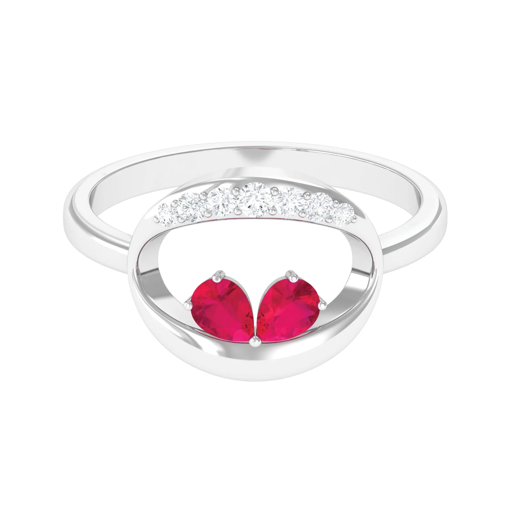 Pear Cut Ruby Toi et Moi Contemporary Ring with Diamond