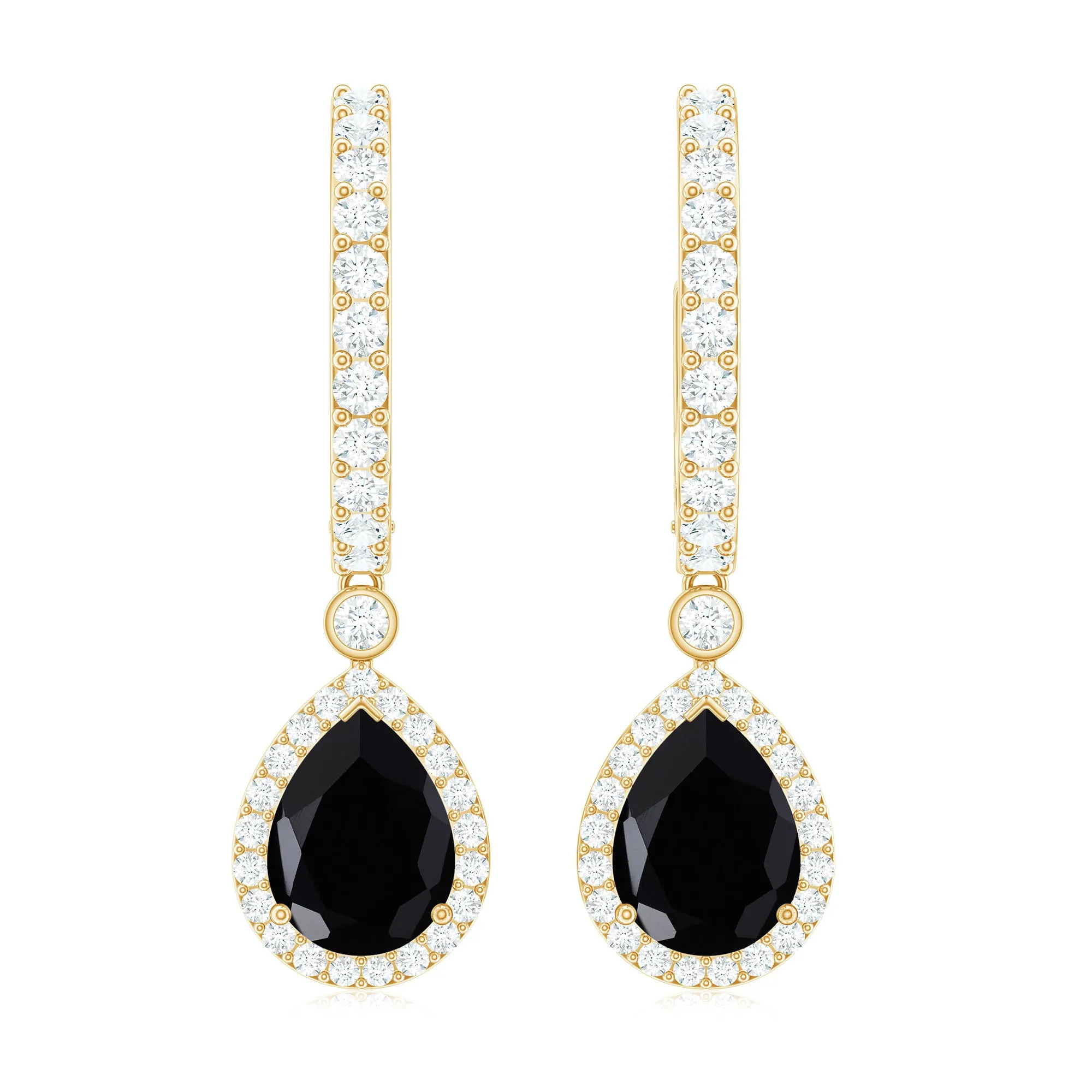 Pear Shape Black Onyx Hoop Drop Earrings with Moissanite