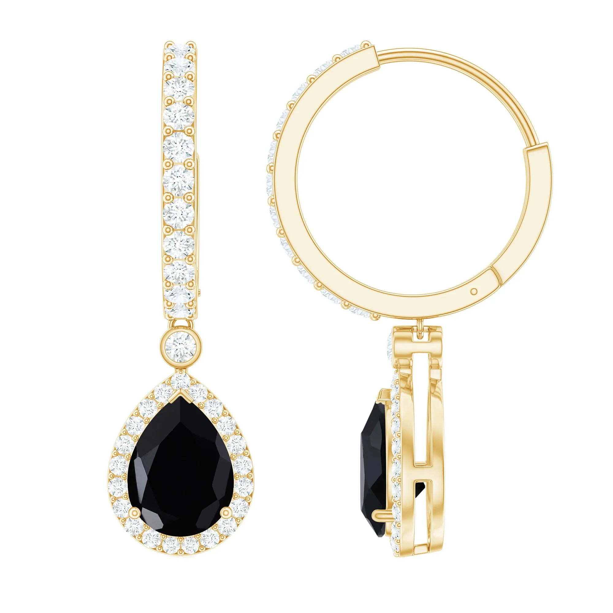 Pear Shape Black Onyx Hoop Drop Earrings with Moissanite