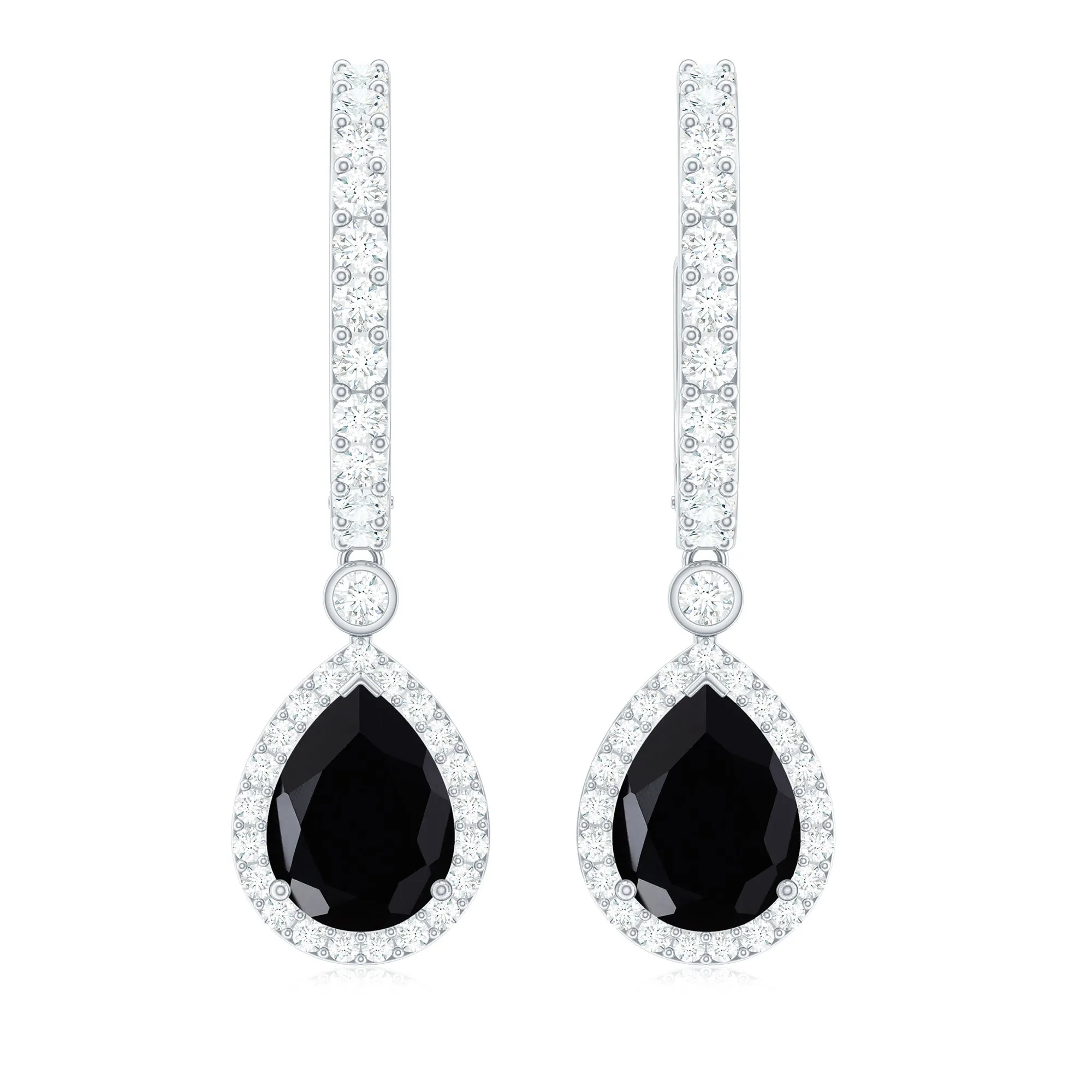 Pear Shape Black Onyx Hoop Drop Earrings with Moissanite