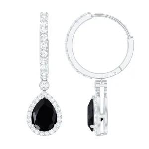 Pear Shape Black Onyx Hoop Drop Earrings with Moissanite