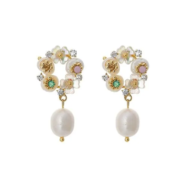 Pearls Dangle Drop Earrings Flower Earrings for Women