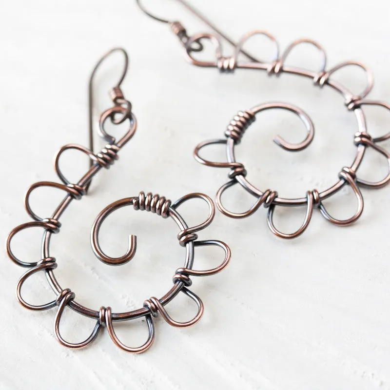 Playful Solid Copper Spiral Earrings, Hypoallergenic