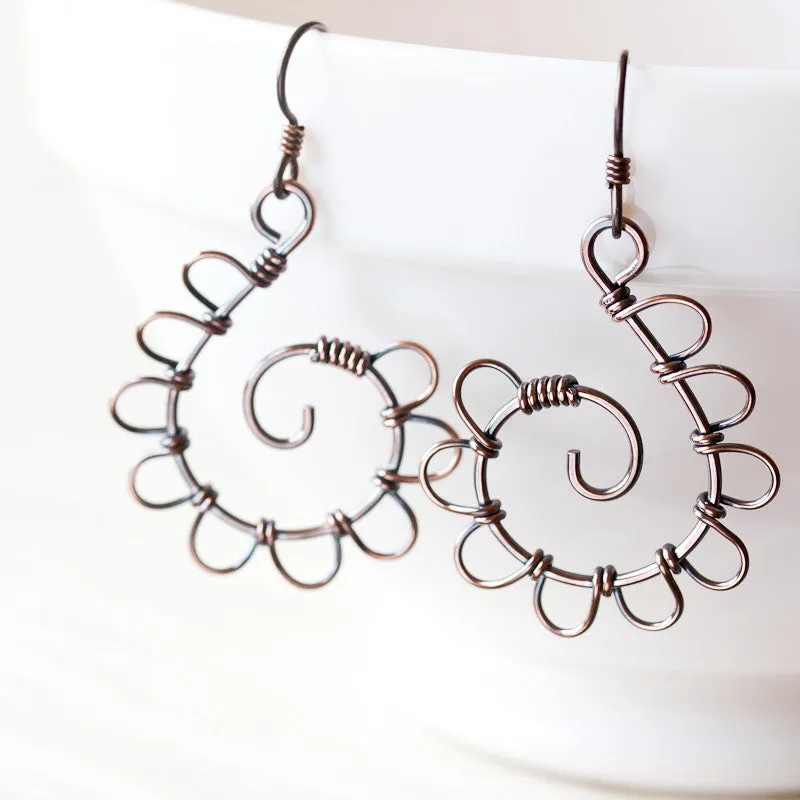 Playful Solid Copper Spiral Earrings, Hypoallergenic