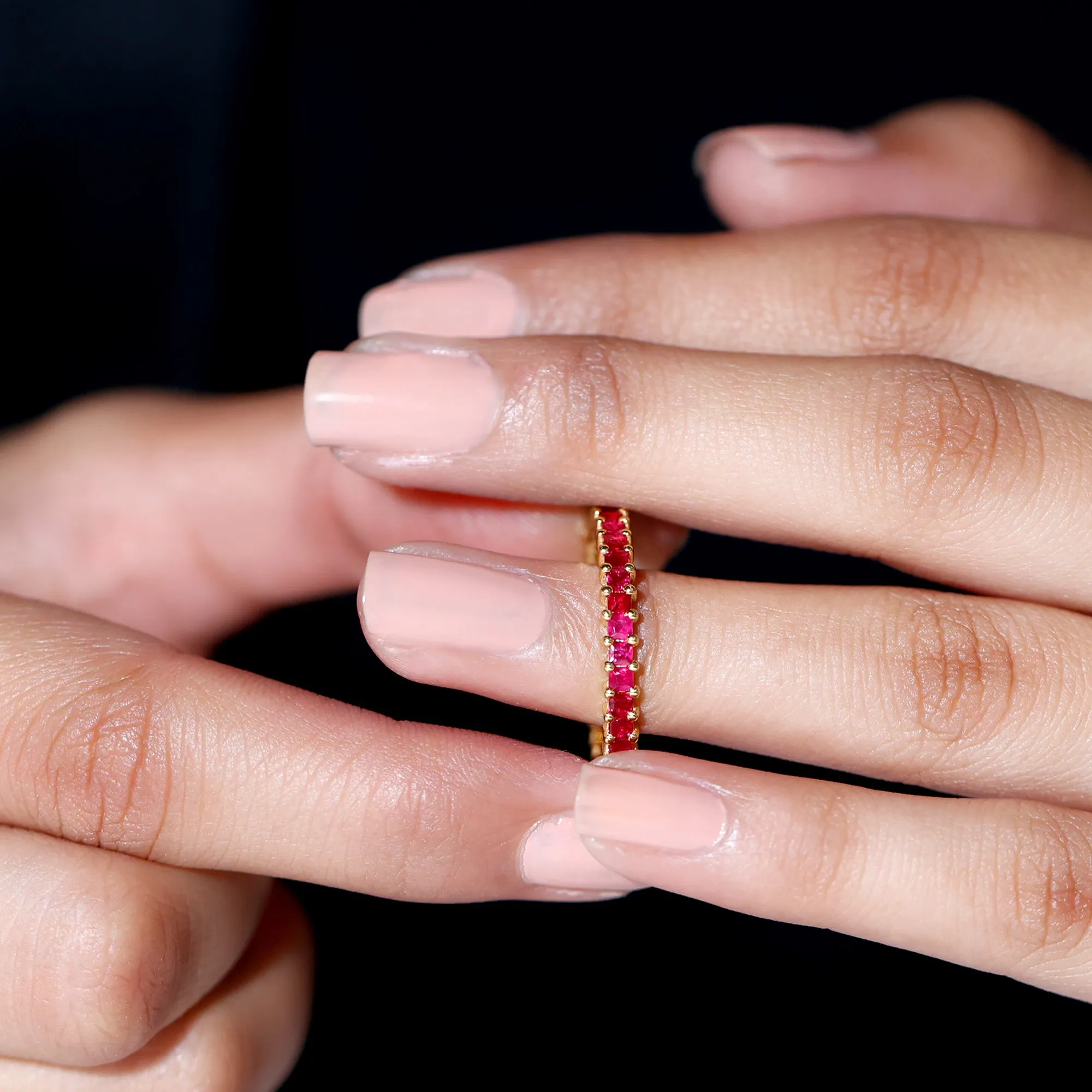 Princess Cut Ruby Eternity Ring in Shared Prong Setting