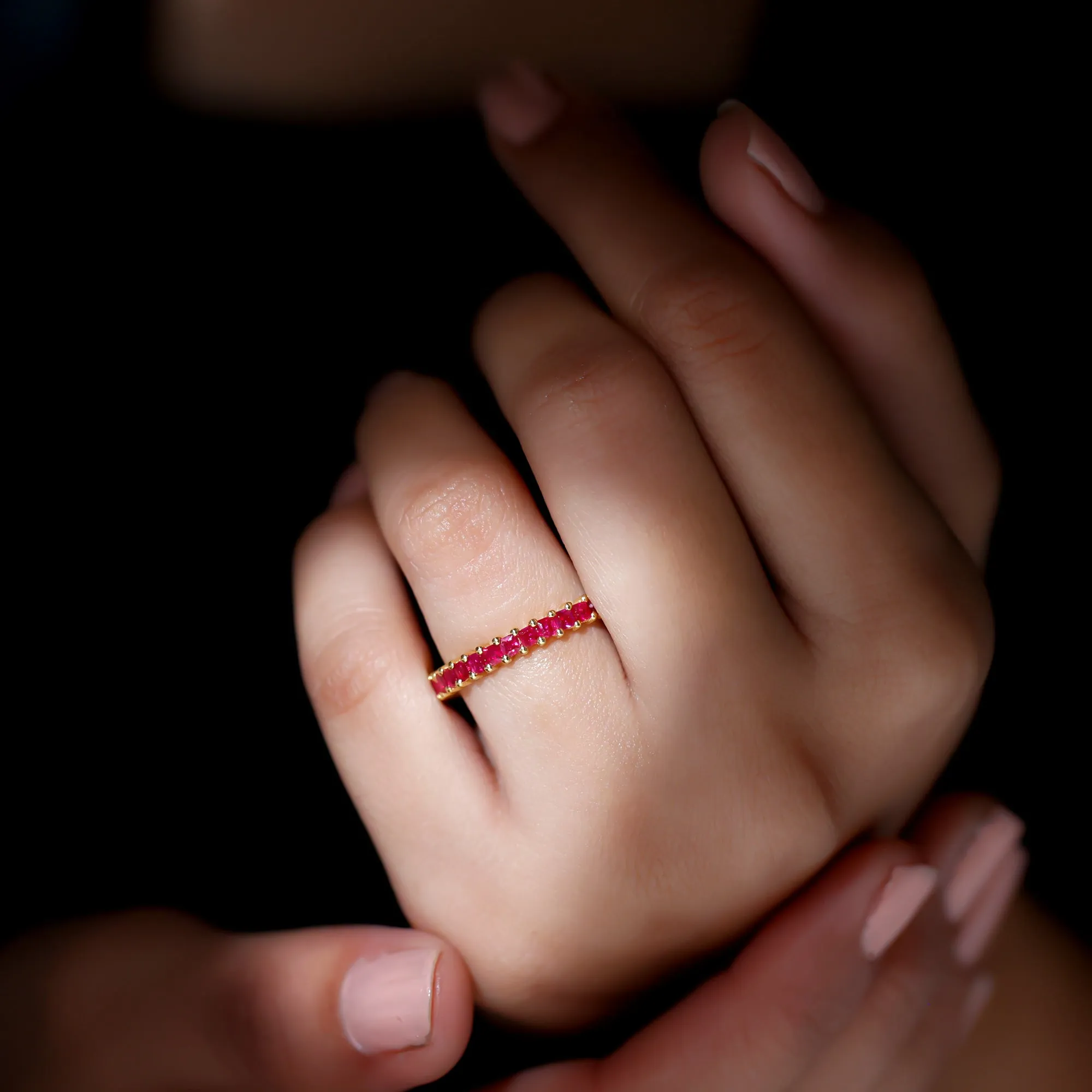 Princess Cut Ruby Eternity Ring in Shared Prong Setting