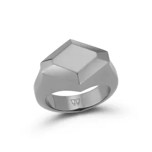 QUENTIN STERLING SILVER AND BLACK RHODIUM FACETED HEXAGON SIGNET RING